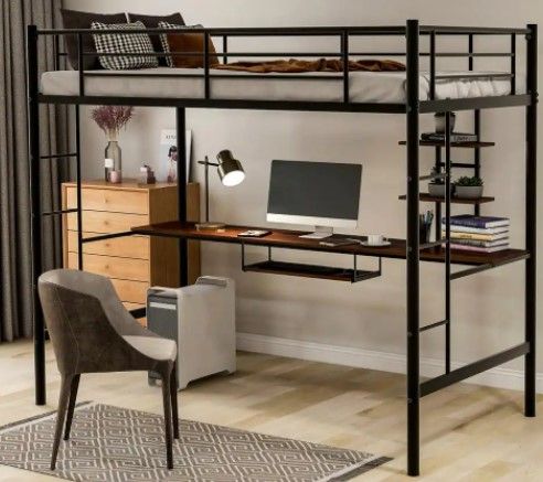 Photo 1 of (MISSING COMPOENTS)
Black Twin Loft Bed with Desk and Shelf, 2-Side Ladders
