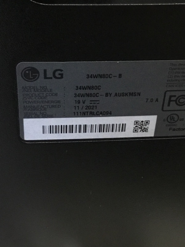 Photo 1 of LG 34WN80C-B UltraWide Monitor 34” 21:9 Curved WQHD (3440 x 1440) IPS Display, USB Type-C (60W PD) , sRGB 99% Color Gamut, 3-Side Virtually Borderless Design, Tilt/Height Adjustable Stand - Black
