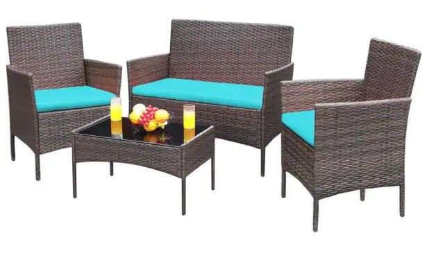 Photo 1 of **MISSING PARTS** Brown 4-Pieces Wicker Outdoor Patio Furniture Sets Rattan Chair Wicker Set with Blue Cushion