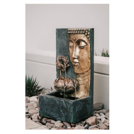 Photo 1 of **DAMAGED** XBrand Cascading Lotus Buddha Face Indoor Outdoor Zen Water Fountain W/LED Light 30 Inch Tall Bronze and Natural Grey
