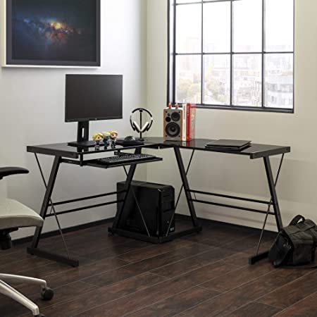 Photo 1 of Walker Edison Ellis Modern Glass Top L Shaped Corner Gaming Desk with Computer Keyboard Tray, 51 Inch, Black
Dimensions: 28.25” H x 51” L x 20” L, Keyboard tray: 3” H x 11.75” D x 21” L