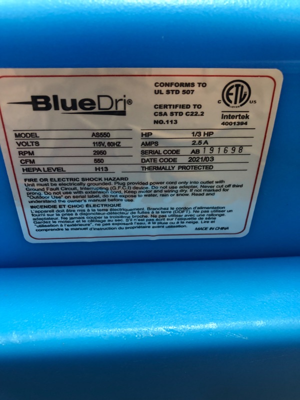 Photo 8 of BlueDri BD-AS-550-BL Negative Machine Airbourne Cleaner HEPA Scrubber Water Damage Restoration Equipment Air Purifier, Blue