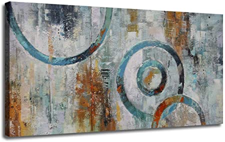 Photo 1 of Arjun Abstract Wall Art Geometry Canvas Circle Blocks Modern Grey Brown Painting, Large Size Artwork Ready to Hang Framed Picture for Bedroom Living Room Home Office Décor 40"x20", Original Design