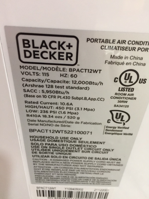 Photo 6 of BLACK+DECKER BPACT12WT Large Spaces Portable Air Conditioner, 12,000 BTU, White