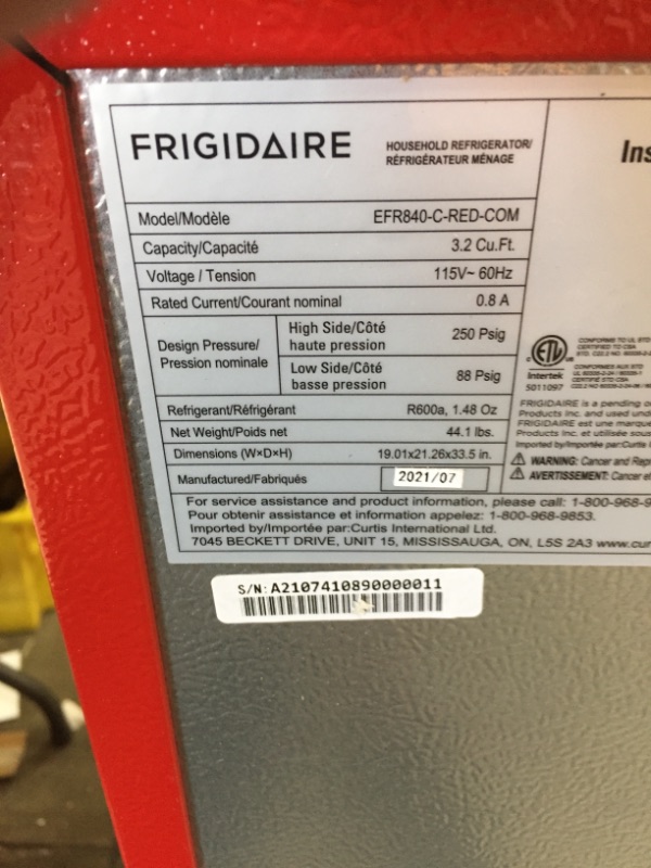 Photo 7 of PARTS ONLY FREEZER IS GETTING COLD ONLY 
Frigidaire EFR840-RED 3.2 Cu Ft Red 2 Door Retro Bar Fridge with Side Bottle Opener