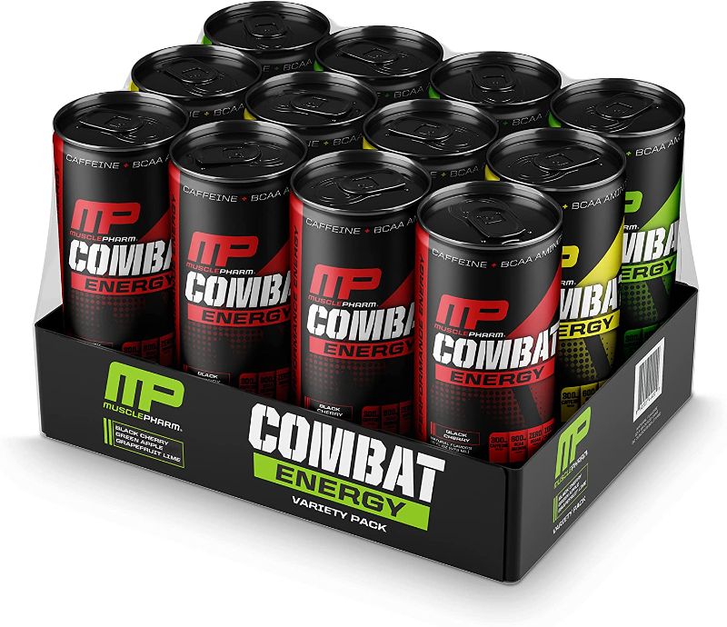 Photo 1 of ***non-refundable***
no printed best by date 
MusclePharm Combat Energy Drink 16oz (Pack of 12) Variety Pack - Grapefruit Lime, Green Apple & Black Cherry - Sugar Free Calories Free - Perfectly Carbonated with No Artificial Colors or Dyes
