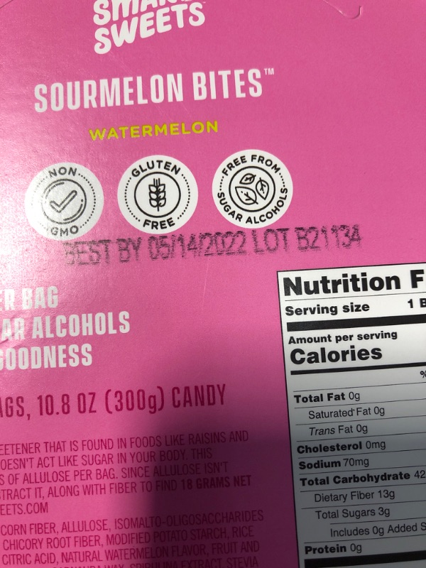 Photo 3 of ***NON REFUNDABLE*** BEST BY DATE: 05/14/2022  SmartSweets Sourmelon Bites, Candy with Low Sugar (3g), Low Calorie, Plant-Based, Free From Sugar Alcohols, No Artificial Colors or Sweeteners, Pink and Green 1.8 Ounce (Pack of 6)