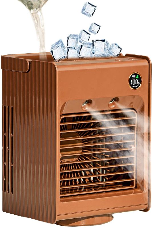 Photo 1 of ***MIST FUNCTION DOES NOT WORK*** Wassteel Small Portable Air Conditioner for Mini Personal Air Cooler Fan, Humidifier Spray Build-in Ice Tray/USB Charger/Light/ Head Shaking, Fit for Kids/Small Room/Office 5.7x7.8x4.7 inch (Brown)