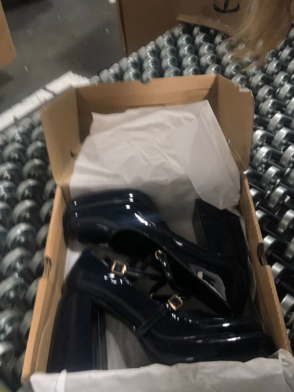 Photo 3 of ***USED***Coutgo Womens Mary Jane Heels Chunky Platform Loafer Shoes Block Heel Closed Square Toe Pumps Cross Strap High Heel Dress Shoes, Navy, Size 7.5