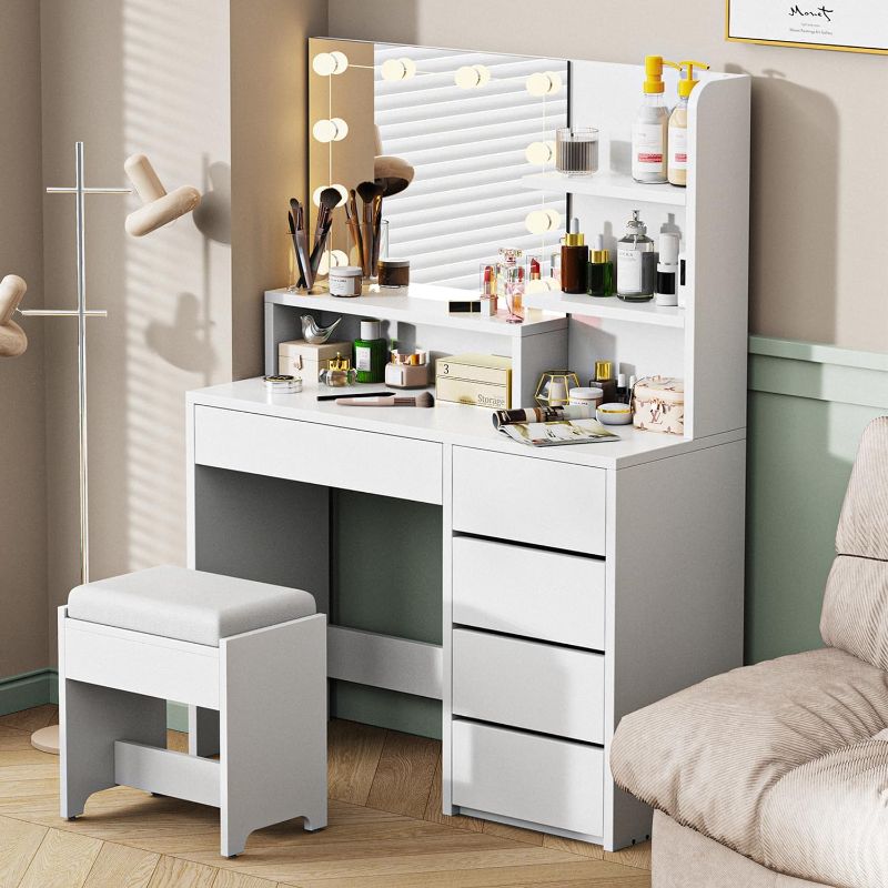 Photo 1 of ***Stock photo is a similar item, not exact***  Vanity Desk with LED Lighted Mirror, Makeup Table with Drawers & Cabinet,Storage Stool, Vanity Set 3 Lighting Modes Brightness Adjustable for Bedroom Studio, White