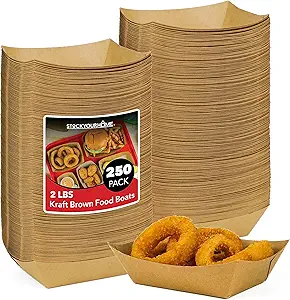 Photo 1 of [250 Pack] Large Disposable Brown Kraft Paper Food Trays, 2-Lb Concession Tray, Serving Boats for Party Snacks, Taco Bar, Seafood, Nachos Plates