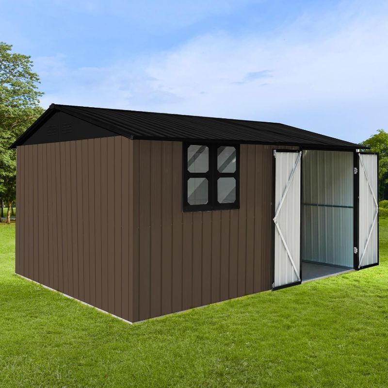 Photo 1 of  Large Sheds 10ftx12ft,Outdoor Storage Sheds with Window,Metal Garden Sheds with Lockable Doors,Tiny House for Garden, Backyard, and Patio Utility and Tool Storage-Brown+Black***TRUCK NEEDED***
