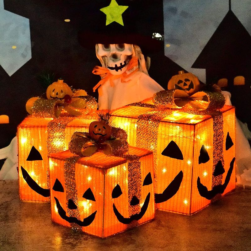 Photo 1 of Pumpkin Gift Boxes Decorative Lights, Set of 3 Battery Operated Indoor Outdoor Present Box for Pathway Home Yard Halloween Holiday Party Decorations
