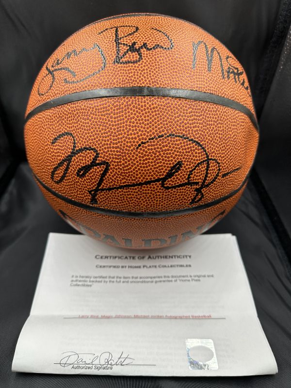 Photo 1 of RARE MICHAEL JORDAN, LARRY BIRD, MAGIC JOHNSON AUTOGRAPHED BASKETBALL W COA