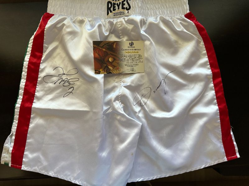 Photo 1 of RARE FLOYD MAYWEATHER & OSCAR DE LA HOYA AUTOGRAPHED BOXING TRUNKS