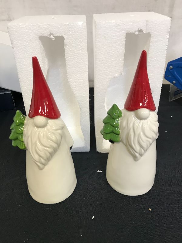 Photo 2 of 9.5" Ceramic Christmas Gnome Battery Operated Tabletop Hand-Painted Christmas Decoration Gnome Light-up with Red Hat Holiday Decoration ( Pack of 2 ) 
