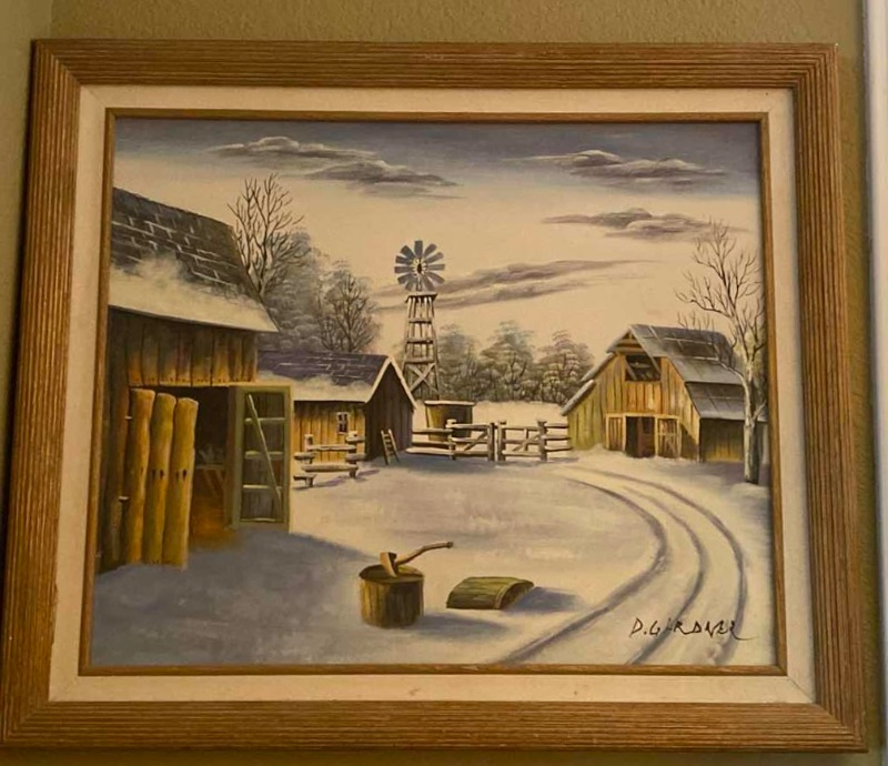 Photo 1 of  WOOD FRAMED D. GARDNER CANVAS “SNOW FARM” SIGNED ARTWORK 29” x 25”