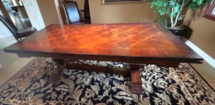 Photo 9 of SOLID MAHOGANY WOOD W INLAY PATTERN TRESTLE LEG TABLE 86“ x 44“ H 30” 2 EXTENSIONS ON ENDS 20” EACH
 (CHAIRS SOLD SEPARATELY)