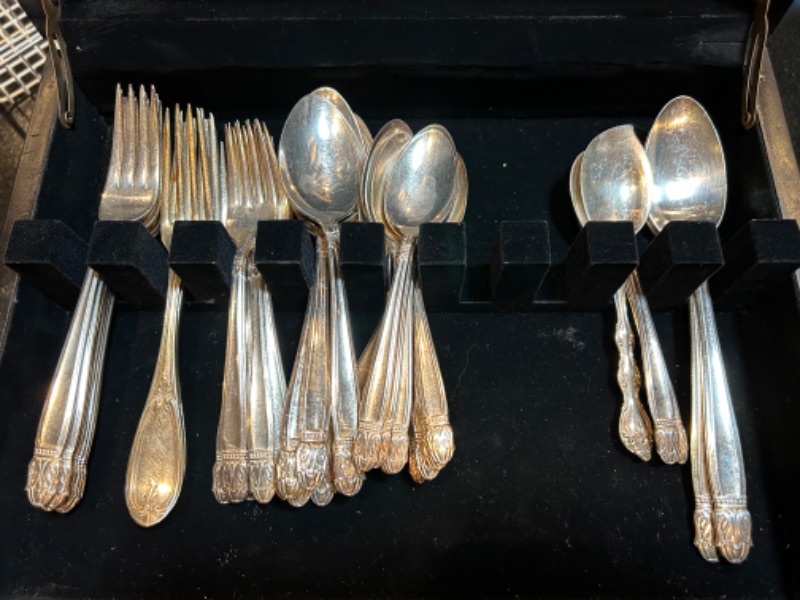 Photo 5 of HOLMES & EDWARDS INLAID SILVERWARE 52 PIECES AND ASSORTED SILVERWARE INCLUDES TUSCAN STYLE WOOD BOX DECOR WITH  STORAGE 14 1/2” x 11” H 10” (tarnish resistant)