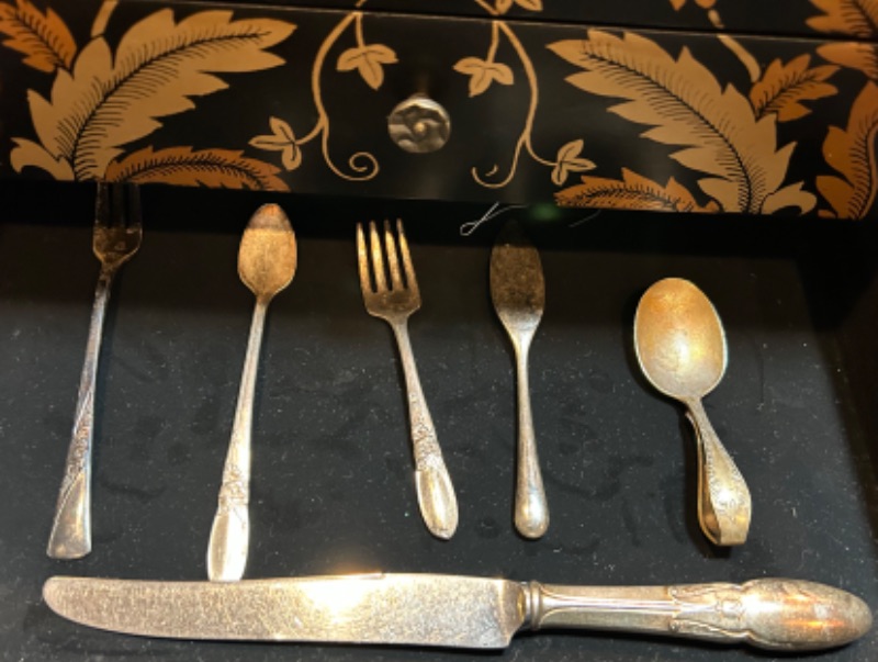 Photo 7 of HOLMES & EDWARDS INLAID SILVERWARE 52 PIECES AND ASSORTED SILVERWARE INCLUDES TUSCAN STYLE WOOD BOX DECOR WITH  STORAGE 14 1/2” x 11” H 10” (tarnish resistant)