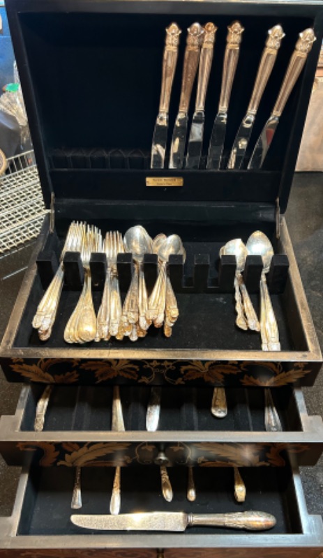 Photo 1 of HOLMES & EDWARDS INLAID SILVERWARE 52 PIECES AND ASSORTED SILVERWARE INCLUDES TUSCAN STYLE WOOD BOX DECOR WITH  STORAGE 14 1/2” x 11” H 10” (tarnish resistant)