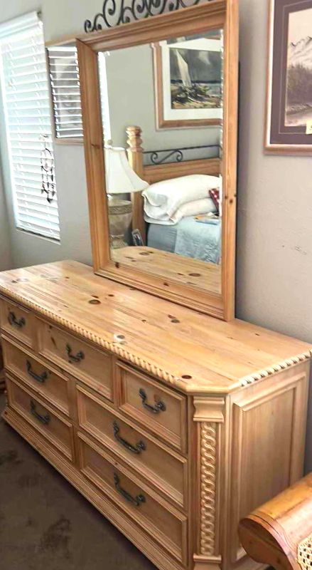 Photo 1 of 7 DRAWER NATURAL GRAIN WOOD DRESSER  64“ x 21” x H32 “ AND MIRROR WITH METAL ACCENTS