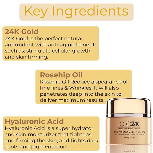 Photo 2 of REJUVENATING 24K EYE CREAM INFUSED WITH 24K GOLD HYALURONIC ACID & ROSEHIP OIL REDUCES PUFFY EYES FINE LINES CROWS FEET KNOWN FOR HYDRATING AD AGE DEFYING PROPERTIES WILL IMPROVE SKINS FIRMNESS TEXTURE AND ELASTICIY FOR ALL SKIN TYPES NEW