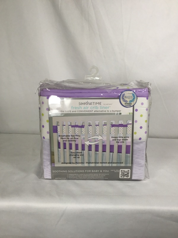 Photo 1 of JUST BORN CRIB LINER POKADOT PURPLE AND GREEN 28 IN X 52 IN FITS MOST FULL CRIBS NEW 
