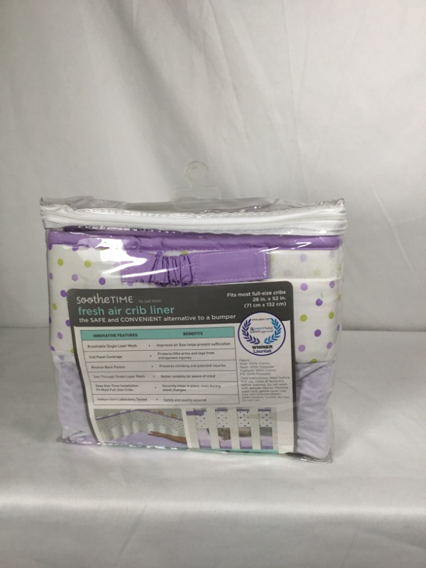 Photo 2 of JUST BORN CRIB LINER POKADOT PURPLE AND GREEN 28 IN X 52 IN FITS MOST FULL CRIBS NEW 