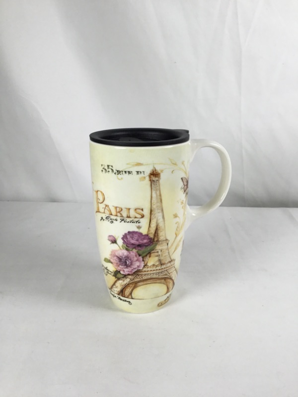 Photo 1 of PARIS EVERGREEN CERAMIC CUP 17OZ WITH LID NEW 