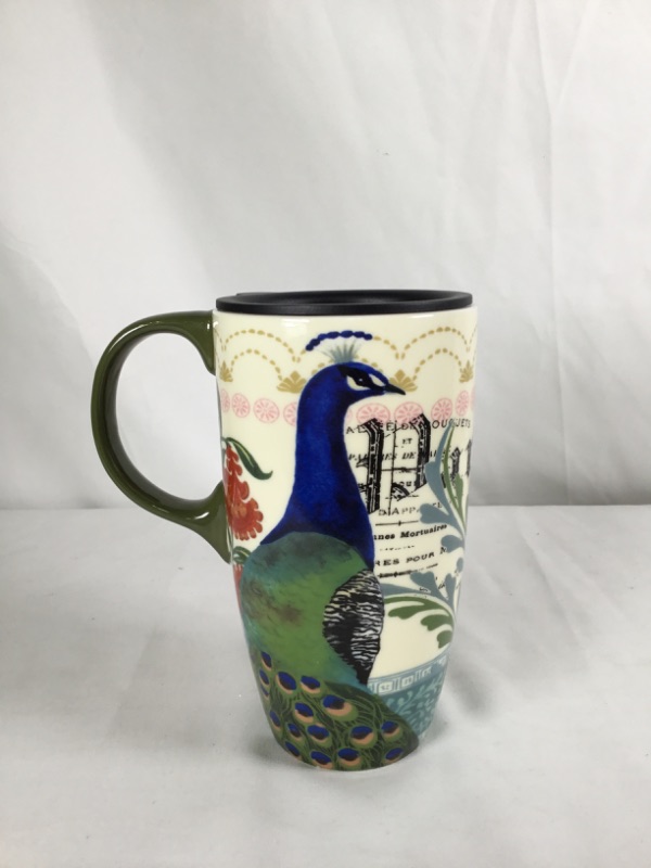 Photo 3 of PEACOCK EVERGREEN CERAMIC CUP 17OZ WITH LID NEW 