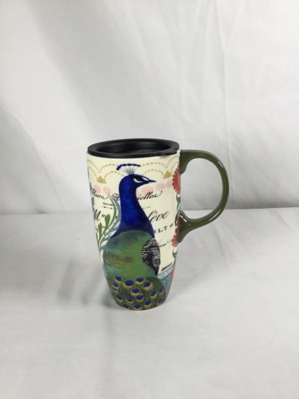 Photo 1 of PEACOCK EVERGREEN CERAMIC CUP 17OZ WITH LID NEW 