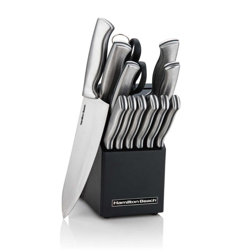 Photo 1 of  HAMILTON BEACH 14 PIECE STAINLESS STEEL KNIFE BLOCK SET BOX IS DAMAGED PRODUCT HAS BEEN CHECKED PERFECTLY FINE NEW