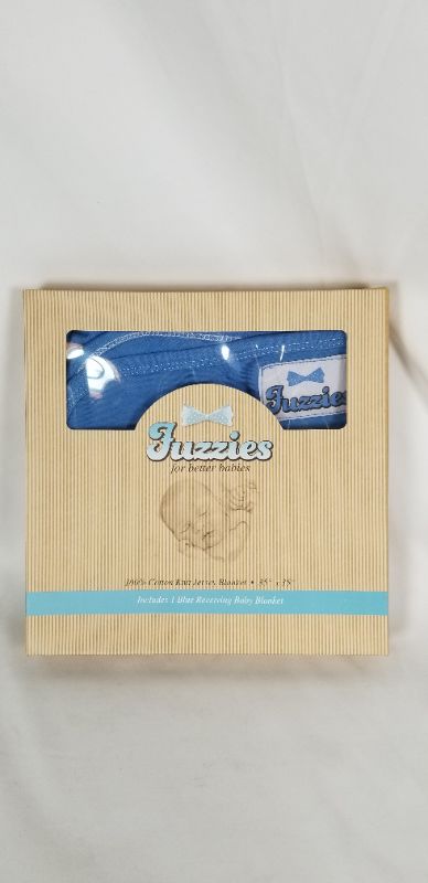 Photo 1 of FUZZIES BABY RECEIVING BLANKET WHITE KNIT JERSEY BLUE 35 x 35INCH NEW