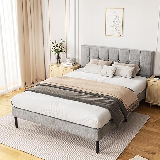 Photo 1 of ***MAY NEED TRUCK***
Full Size Platform Bed Frame with Upholstered Headboard, Modern Bed with Wooden Slat, No Box Spring Needed, Easy Assembly, Mattress Foundation, Light Grey
