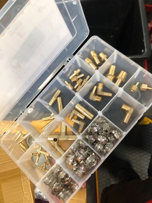 Photo 3 of 136Pcs Brass Hose Barb Fittings Assortment Kit Barb Splice/Female Adapter/Coupler/Tee/Male Elbow NPT Thread 1/8" 3/16" 1/4" 5/16" 3/8" 1/2" Air Hose Fittings with Pipe Clamps for Water/Air/Fuel