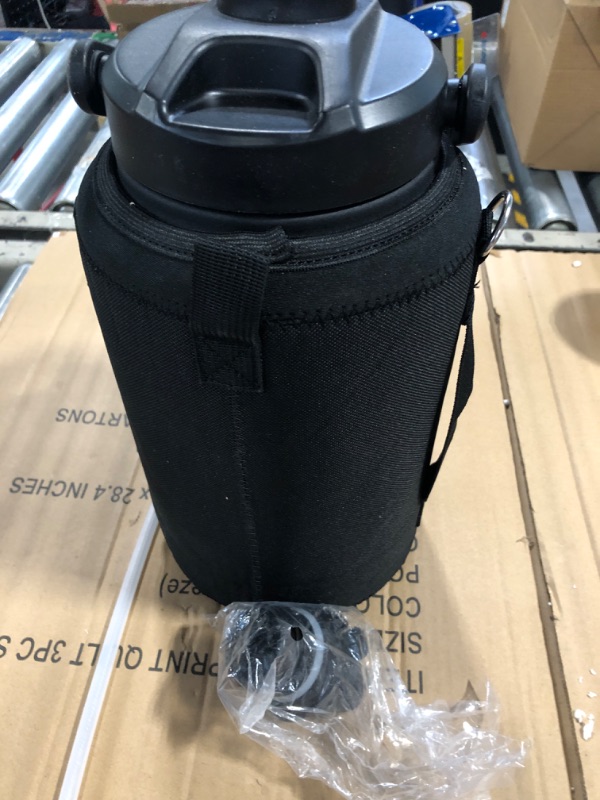 Photo 2 of *** MISSING ITEMS*** Gallon Water Bottle 128 oz with Straw Lid and Carrying Sleeve, BUZIO Insulated Water Jug 128oz Stainless Steel with Two Beer Cups, Hot Cold Hydro Metal Canteen Water Flask, Double Wall, Black