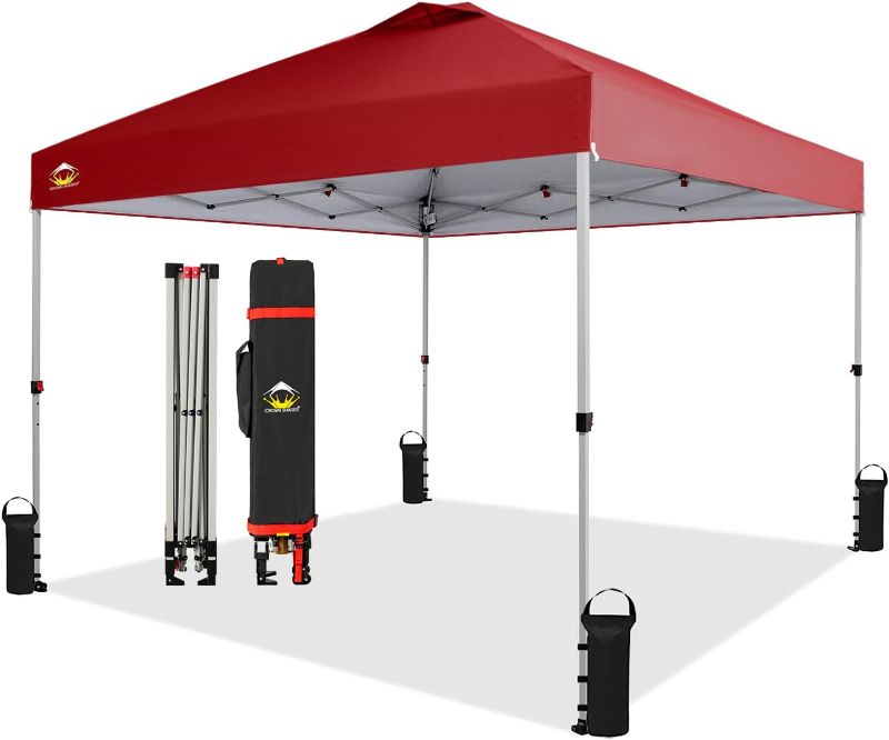 Photo 1 of ***USED***CROWN SHADES 10x10 Pop Up Canopy - Beach Tent with One Push Setup - Easy Outdoor Sun Shade for Events, Parties, Camping - Gazebo with STO-N-Go Cover Bag, Silver Coated Top, Red
