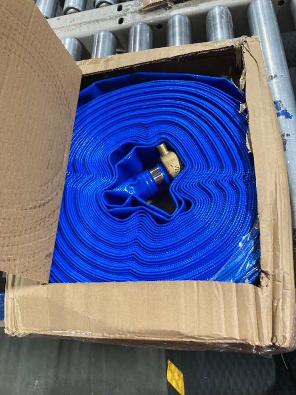 Photo 3 of 1-1/4" x 100' Blue PVC Backwash and Discharge Hose for Swimming Pools, Heavy Duty Reinforced Flat Pool Hose with Aluminum Pin Lug Fittings