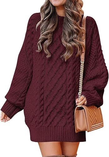 Photo 1 of ANRABESS Women Long Sleeve Oversized Cable Knit Chunky Baggy Loose Pullover Tunic Mini Sweater Dress 2024 Trendy Fall Outfits
