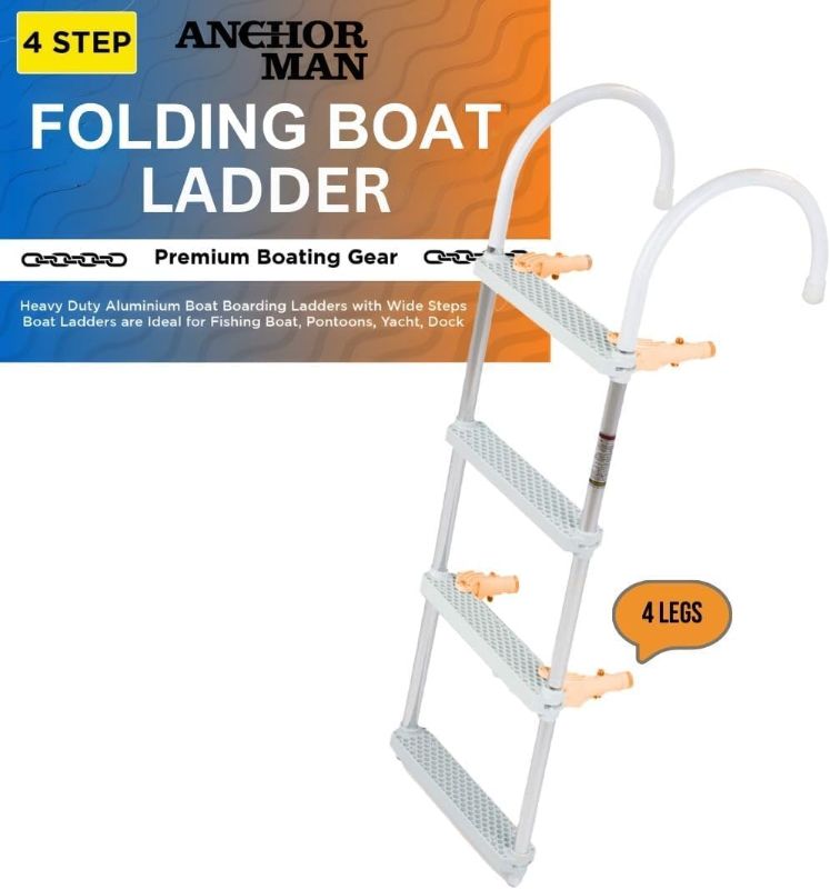 Photo 1 of  Anchor-Man Folding Boat Ladder for Boat (4 Step) - Heavy Duty Aluminium Boat Boarding Ladders with Wide Steps - Boat Ladders are Ideal for Fishing Boat, Pontoons, Yacht, Dock etc