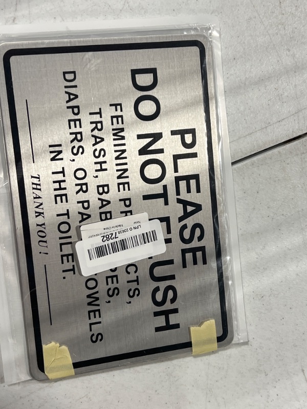 Photo 2 of ***USED***(2 PACK) Do Not Flush Sign for Bathroom, Self-adhesive Do Not Flush Anything Except Toilet Paper Sign, 9 x 6 Inch Aluminum Metal Signs for Business and Home (Brushed Aluminum)