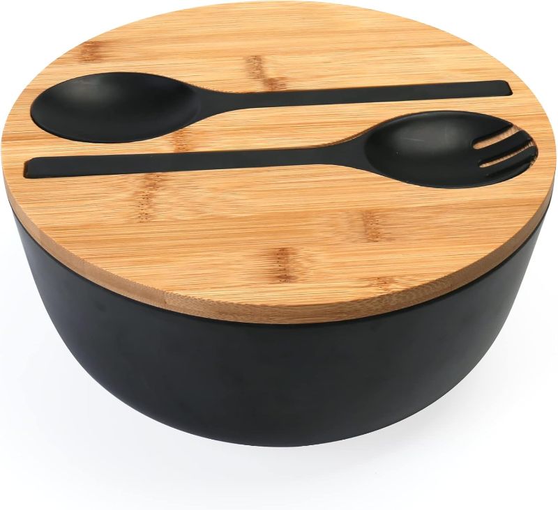 Photo 1 of *** Missing items*** ShineMe Black Salad Bowl Set, 9.8inches Large Bamboo Fiber Salad Bowl With Lid and Utensils(Spoon & Fork), Solid Mixing Bowl For Serving Pasta, Fruits, Vegetables, Bread and Chips