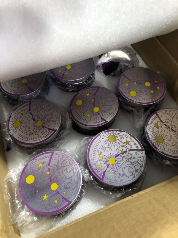 Photo 3 of Art Secret 9-Pack 8oz Embossed Glass Candle Jars with Lids and Labels - Sun Moon Stars Design (Purple)