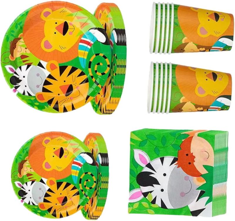 Photo 1 of  Sets 64pcs Flatware Animal Boys Suits Boy Birthday Tableware Infant Suit Cups Birthday Paper Tableware Paper Disposable Tableware Cutlery Set Props Napkin Cartoon Child Decorate