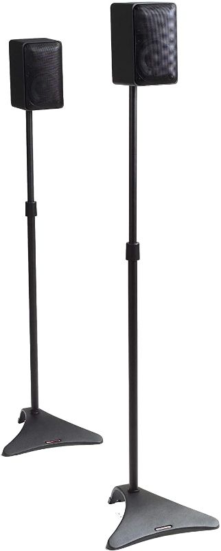 Photo 1 of Atlantic Adjustable Height Speaker Stands Black - Set of 2 Holds Satellite Speakers, Adjustable Stand Height from 27 to 48 inch, Heavy Duty Powder Coated Aluminum