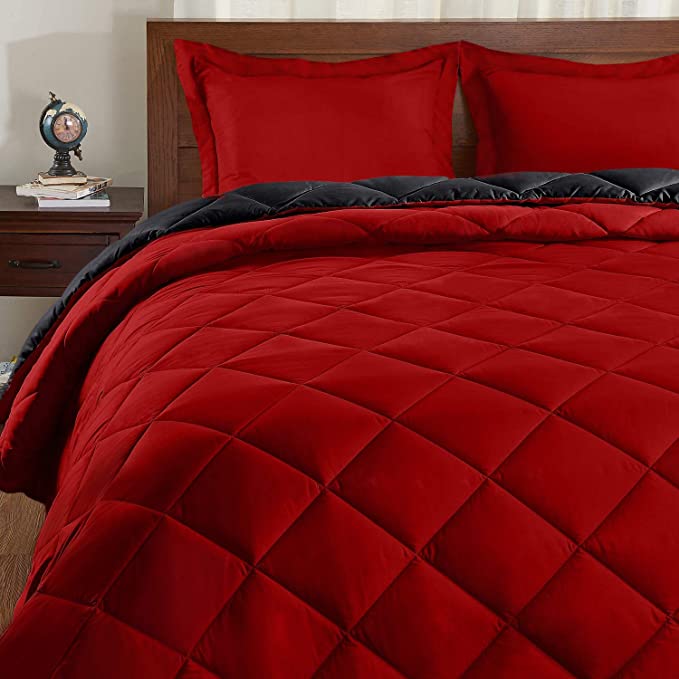 Photo 1 of Basic Beyond Down Alternative Comforter Set (Queen, Black/Red) - Reversible Bed Comforter with 2 Pillow Shams for All Seasons
