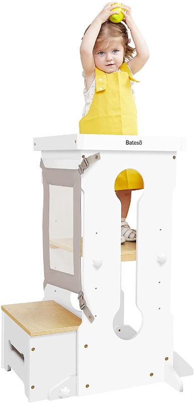 Photo 1 of Bateso Toddler Step Stool, Kid Standing Tower and 2 Gray Keepers, Learning Helper Stool with 4 Adjustable Counter Height, Kitchen Step Sool for Toddlers Or Any Little Helper - White
