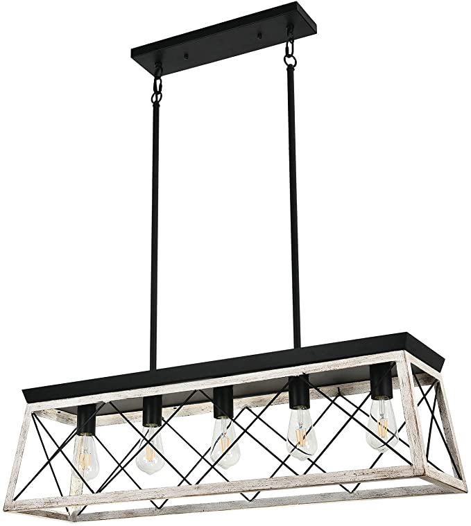Photo 1 of  Farmhouse Rectangular Chandelier Rustic, 5-Lights Kitchen Island Lighting, Linear Island Light Fixture Farmhouse Pendant Lighting Fixtures for Dining Room Pool Table Beige
