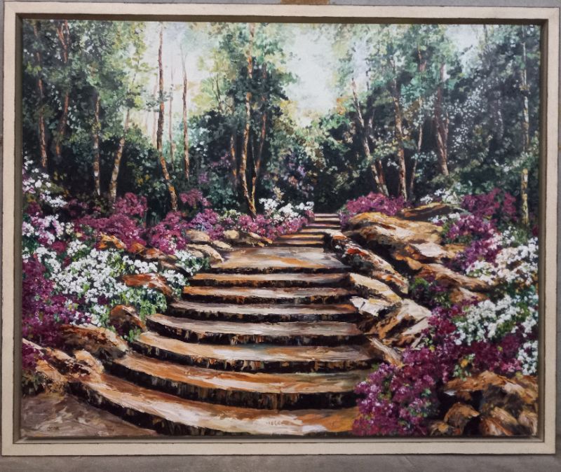 Photo 1 of GARDEN STEPS OIL PAINTING RUSTIC WOOD FRAME SIGNED BY GINGER COOK 64” X 52”